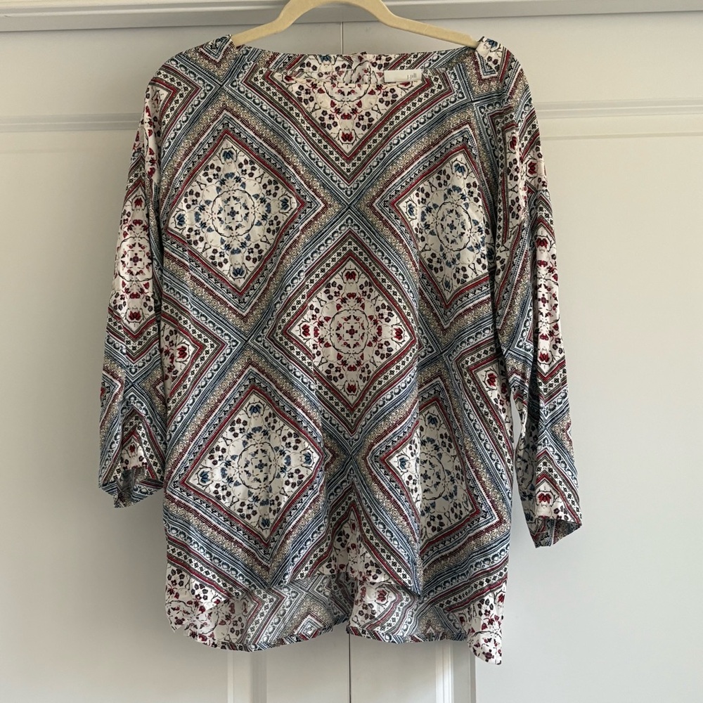 J. Jill Red and Blue Geometric Blouse with Button Detail on Back